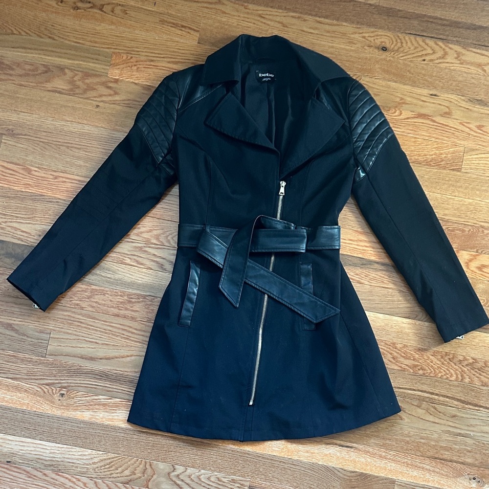 bebe Black Trench Coat with Faux Leather Trim